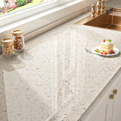 FunStick 24"x200" Glossy Beige Granite Countertop Contact Paper Beige Terrazzo Wallpaper Peel and Stick Countertops Waterproof Self Adhesive Granite Wallpaper for Kitchen Bathroom Counter Top Covers - color: Beige, size: 24" x 200"