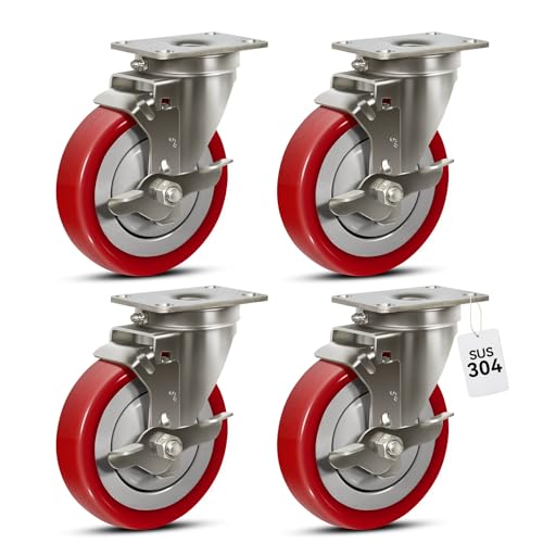 5" Caster Wheels, Stainless Steel Casters Set of 4 Heavy Duty, Anti-Corrosion Polyurethane Industrial Caster Wheels for Cart (4 Brake) - style: 4 Brake