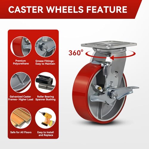 6"x2" Industrial Casters- Heavy Duty casters,Polyurethane Casters Wheel,Capacity up to 5000 Lb. Use for Platform Truck, U-Boat Cart,Workbenches(4 Brake) - style: 6 inch