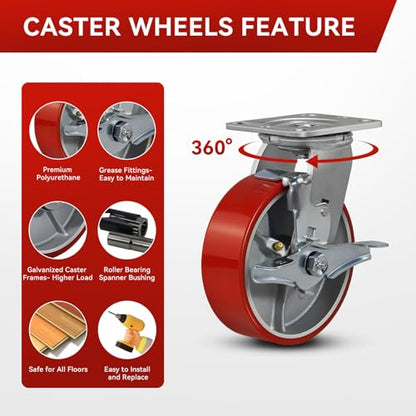 6"x2" Industrial Casters- Heavy Duty casters,Polyurethane Casters Wheel,Capacity up to 5000 Lb. Use for Platform Truck, U-Boat Cart,Workbenches(4 Brake) - style: 6 inch
