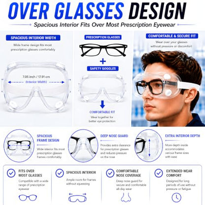 Safety Goggles Over Glasses, Anti Fog Protective Eyewear for Chemistry Lab, Woodworking, Mowing, Construction - color: 2 Pack
