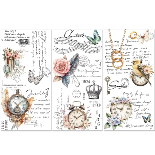 PLIGREAT 3 Sheets Retro Style Clocks Rub on Transfers for Crafts Flowers Birds Art Rub on Stickers for Furniture Wood Cabinet Ceramic Scrapbooking Decorative Transfer Stickers - style: Retro