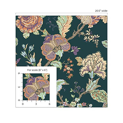NextWall Kianna Jacobean Floral Peel and Stick Wallpaper (Victorian Jade) - color: Victorian Jade