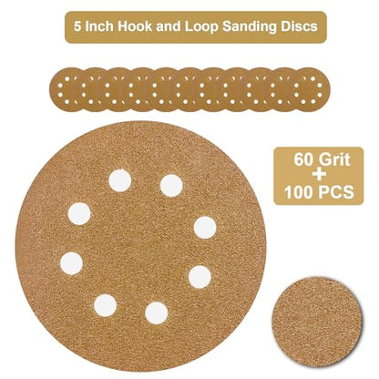 5-Inch Orbital Sander Discs, 8-Hole Pattern, 100-Pack, Hook and Loop Sandpaper for DA Sanders, Paint and Wood Finishing (60 Grit-100 PCS) - style: 60 Grit-100 PCS