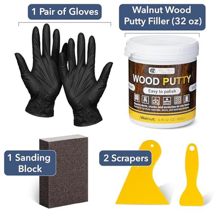 Bates- Wood Filler Putty Repair Kit, 32 Ounce, 2 Scrapers, 1 Sanding Block, 1 Pair of Gloves, Walnut Wood Putty Filler Paintable & Stainable for Cracks, Holes and Defects in Wooden Furniture