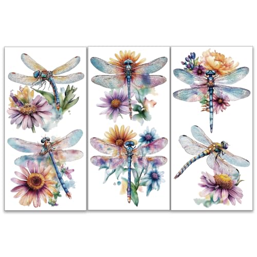 OLYCRAFT 3pcs/Set Watercolor Dragonfly Rub on Transfers for Furniture and Crafts 6x12 inch Furniture Transfer Sticker Furnitures Decals Decor Transfer Stickers Rub on Decals for Wood Glass - style: Animal Theme - Dragonfly Flower