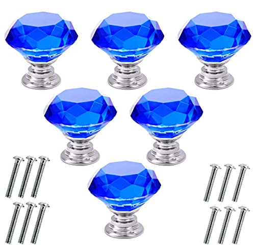 Akstore 6 Pcs Crystal Glass Cabinet Knobs 30mm Diamond Shape Drawer Kitchen Cabinets Dresser Cupboard Wardrobe Pulls Handles (30mm, Blue) - color: Blue, size: 30 mm