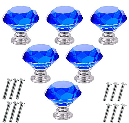Akstore 6 Pcs Crystal Glass Cabinet Knobs 30mm Diamond Shape Drawer Kitchen Cabinets Dresser Cupboard Wardrobe Pulls Handles (30mm, Blue) - color: Blue, size: 30 mm
