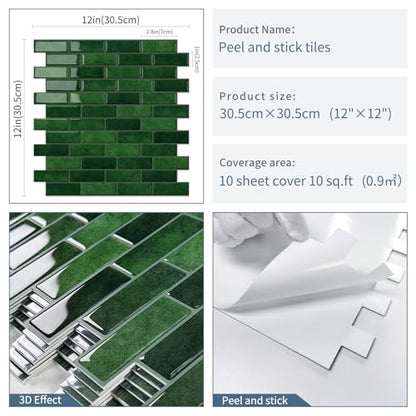 Green Peel and Stick Backsplash 3D Self Adhesive Wall Tile 10 Sheet - color: Green