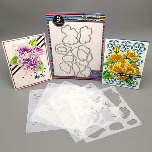 Alinacutle 5pc Peony Flower Layering Stencils & 1set Frame Dies Set Plastic Stencil with Frames Metal Cutting Die Cut for DIY Art Craft Paper Craft Scrapbooking Handmade Card Making Art Cuts - color: Layered Flowers