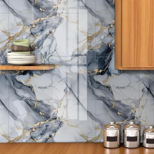 Chejiaye 10pcs Marble Peel and Stick Backsplash Waterproof Washroom Wall Panels, Peel and Stick Tile, PVC Foam Wall Panels for Kitchen,Bathroom,Living Room,Blue and Gold(Not Real Tile,11.8" x 11.8") - color: Blue and Gold, size: 11.8" x 11.8" x 10Pack