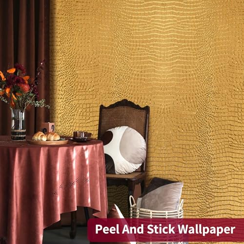 Peel and Stick Wallpaper Gold Crocodile Wallpaper 15.7" X 393" - color: Gold Crocodile, size: 15.7" x 395"