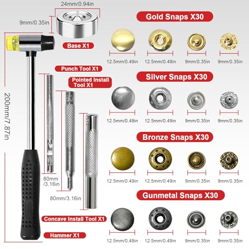 NXTOV Metal Snap Buttons with Hammer, Setter Tools, 120 Sets, 12.5mm - style: 12.5mm with Hammer