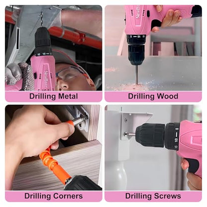12V Pink Cordless Drill Set with Battery and Charger for Women DIY