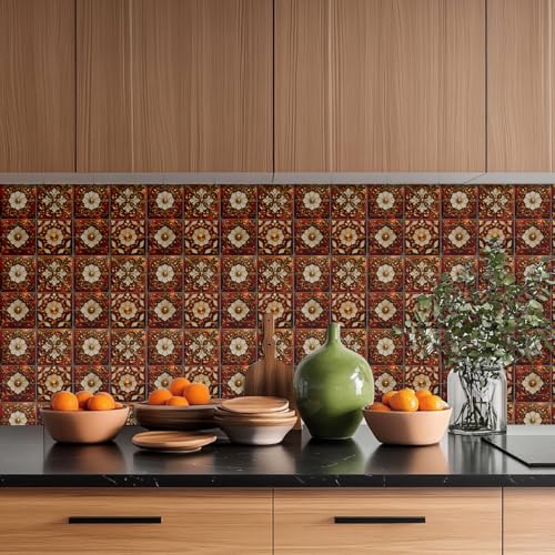 36 Pcs 4 Styles Brown Gold Patten Wall Tile Sticker, 4x4inch - color: Brown Gold Patten