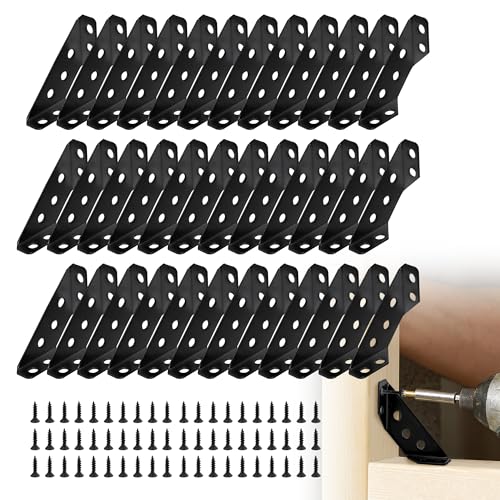 36Pcs Black Universal Stainless Steel Furniture Corner Connector with 252 Screws, Trapeziform Corner Brackets, Angle Corner Brace for Wood Shelves, Chair Drawer Cabinet Tables