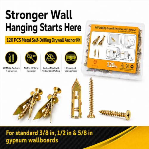 Jyphorixal 120 PCS Self Drilling Drywall Anchors with Screws Kit, Heavy Duty Metal Wall Anchors for Drywall, Sheetrock Anchors 0.47x1.57inch with Screws, No Drill Dry Wall Anchors and Screws Kit - size: Yellow 120Pcs 0.47X1.57inch