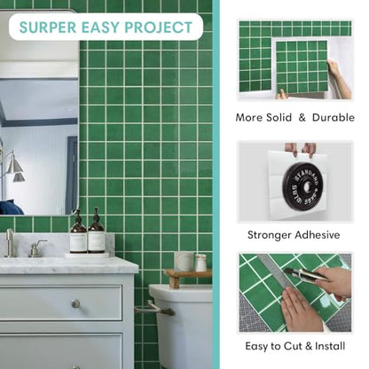Commomy Thicker Green Peel and Stick Tiles - 10 pcs of 12" x 12" - color: Square Green & Thicker Design