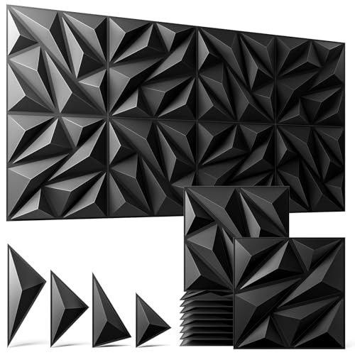 3D Wall Panels Black 16 Pack, 12" x 12" Diamond Texture PVC - color: Black Diamond