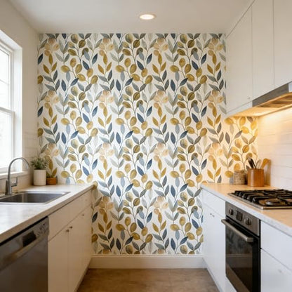 Blue and Gold Leaf Peel and Stick Wallpaper 17.7" x 212.6" - color: Blue/Gold, size: 17.7" x 212.6"
