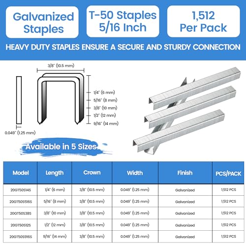 meite Heavy Duty Staples, 5/16 Inch Length T50 Staples for Staple Gun, Galvanized, 20 Gauge 3/8" Crown, Compatible with T50 Staple Gun, Ideal for Upholstery, Construction, Furniture (1,512 Counts) - size: 5/16 Inch, style: 1 Pack (1,512 Counts)