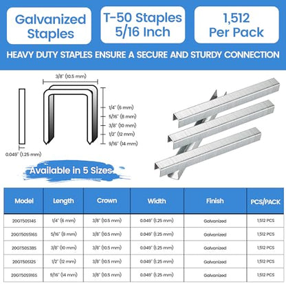 meite Heavy Duty Staples, 5/16 Inch Length T50 Staples for Staple Gun, Galvanized, 20 Gauge 3/8" Crown, Compatible with T50 Staple Gun, Ideal for Upholstery, Construction, Furniture (1,512 Counts) - size: 5/16 Inch, style: 1 Pack (1,512 Counts)