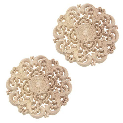 T Tulead Wooden Carved Appliques 3.94-Inch Dia Round Decorative Decal 2PCS - style: Round, 3.94", 2pcs