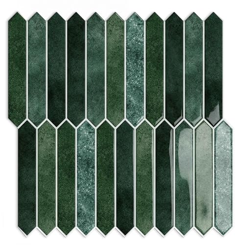 10 Sheet Long Hexagon Peel and Stick Backsplash Tile, 12"x12" 3D Adhesive Glossy Marble Vinyl Stick on Wall Tiles for Bathroom, Kitchen, Living Room (DarkGreen, 12" x 12") - color: Darkgreen