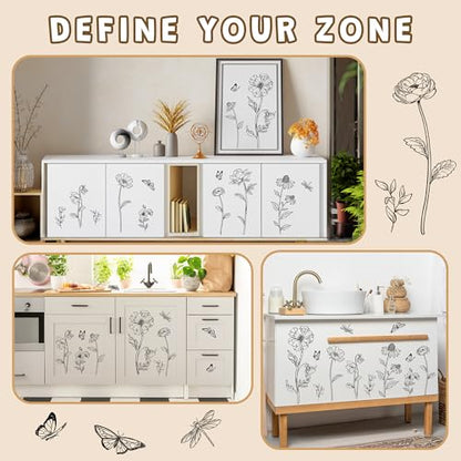 Joeyan Rub On Transfers for Crafts and Furniture, 2 Sheets Large Black White Line Floral Butterfly Rub on Stickers DIY Transfer Decals for Wood Glass Metal Canvas Porcelain Plastic Home Decor - style: Black White Line Floral