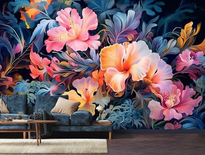 Jdayda Hand-Painted Pink Botanical Floral Wall Mural - color: MURAL-307, size: 129" x 96"
