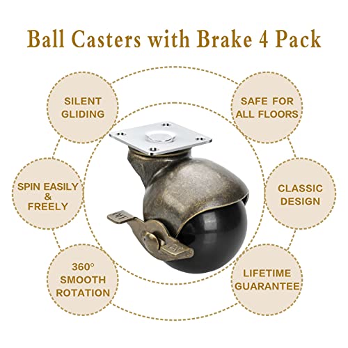 JGJC 2" Vintage Brass Solid Caster Wheels with Brake 4-Pack, 360° Swivel