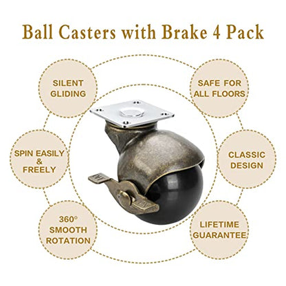 JGJC 2" Vintage Brass Solid Caster Wheels with Brake 4-Pack, 360° Swivel