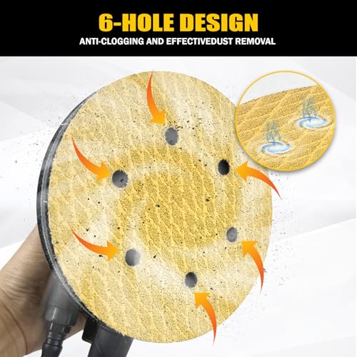 100Pcs 6 Inch 6-Hole Hook&Loop Sanding Discs, 240 Grit Diamond Yellow Sand, Dust-Free/Wear-Resistant, Latex Paper Base (No Fray), 135G Backing for Wood/Metal/Auto, DIY & Pros - style: 6inch-6Hole