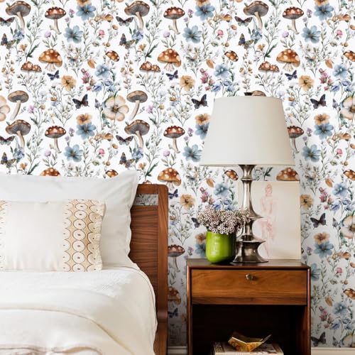 Froluya Mushroom Wallpaper Peel and Stick Boho Contact Paper 16.9" x 118.1" - color: White, size: 16.9" x 118.1"