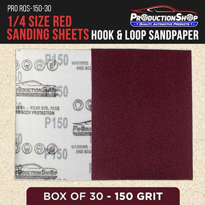 ProductionShop Premium Red 150 Grit 1/4 Sheet Size Red Sanding Sheets, Box of 30 - Hook & Loop Backing Sandpaper, Medium-Cut Abrasive - Fits Palm Sanders, Hand Sanding Blocks - Woodworking, Auto Paint - style: 150 Grit