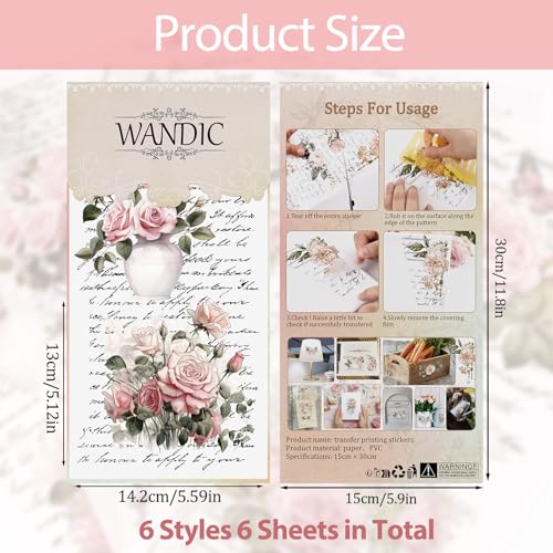 WANDIC Retro Rub On Transfer Stickers, 6 Sheets Pink Retro Flowers Rub on Decals Rose Stickers with Letters Waterproof Furniture Stickers for DIY Home Scrapbooking Windows Crafts,12 * 6in - color: Pink Flower, size: 6 Sheets