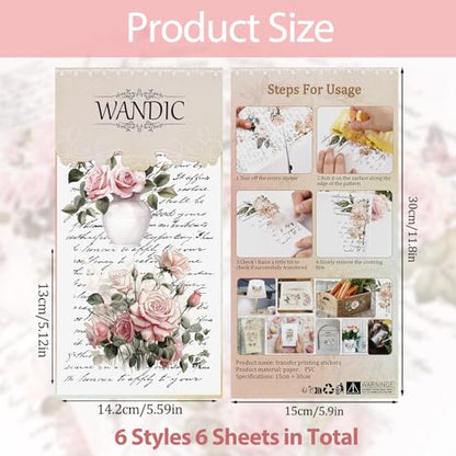 WANDIC Retro Rub On Transfer Stickers, 6 Sheets Pink Retro Flowers Rub on Decals Rose Stickers with Letters Waterproof Furniture Stickers for DIY Home Scrapbooking Windows Crafts,12 * 6in - color: Pink Flower, size: 6 Sheets