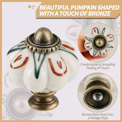 12pcs Ceramic Pumpkin Knobs - Flowers & Aloe Vera - style: Flowers & Aloe Vera