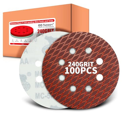 240 grit Sanding Disc 5 Inch 8 Hole Hook and Loop, Diamond Shape Sand Paper for Woodworking & Automotive etc, Sanding Pads for Random Orbital Sander, 100-Pack - style: 240Grit-100PCS