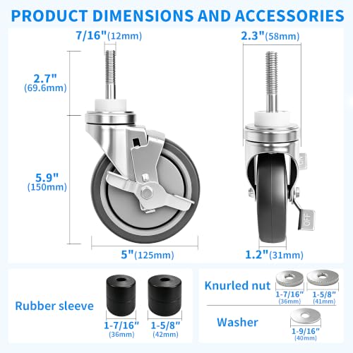 MySit 5 Inch Expanding Stem Casters with Side Brake Set of 4 - size: 5 INCH