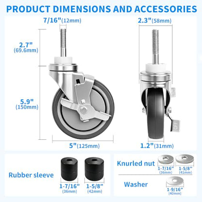 MySit 5 Inch Expanding Stem Casters with Side Brake Set of 4 - size: 5 INCH
