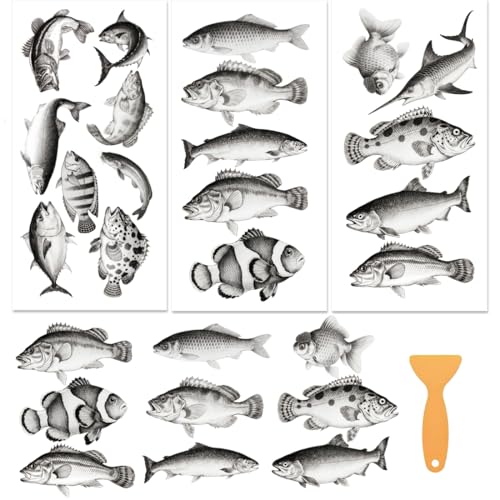 BEUNITONE 3 Sheets Sketch Fish Rub on Transfers for Furniture and Crafts - style: Fish