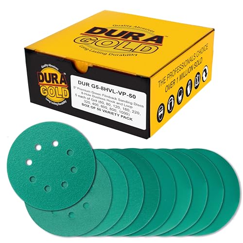Dura-Gold 5" Green Film Sanding Discs, 10 Grit Assortment, 8-Hole Box of 50 - style: Variety Pack