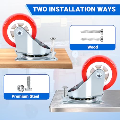 2.5 Inch Caster Wheels Set of 4, 4 Swivel, Red PU, Plate Mount - size: 2.5 Inch