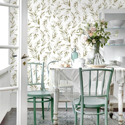 Livebor Peel and Stick Wallpaper Olive Leaf Contact Paper 17.7inch x 118.1inch Floral Leaf Wallpape Peel and Stick Self Adhesive Removable Contact Paper for Bathroom Cabnits Modern Decorative Vinyl - size: 17.7" x 118.1"