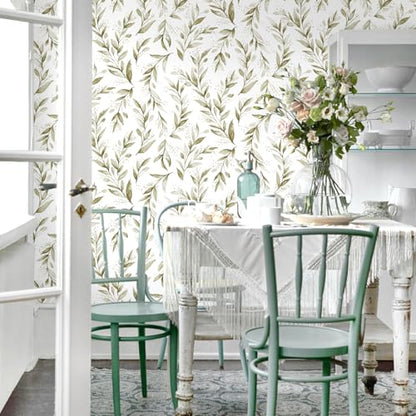 Livebor Peel and Stick Wallpaper Olive Leaf Contact Paper 17.7inch x 118.1inch Floral Leaf Wallpape Peel and Stick Self Adhesive Removable Contact Paper for Bathroom Cabnits Modern Decorative Vinyl - size: 17.7" x 118.1"