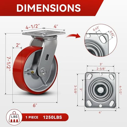 6"x2" Industrial Casters- Heavy Duty casters,Polyurethane Casters Wheel,Capacity up to 5000 Lb. Use for Platform Truck, U-Boat Cart,Workbenches(4 Swivel) - style: 6 inch