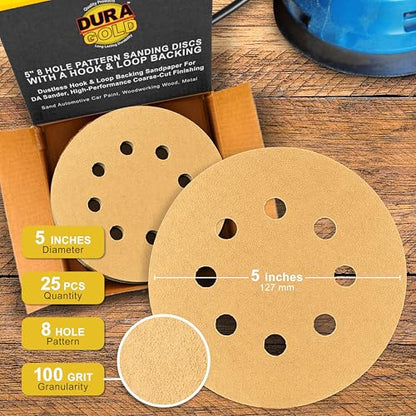 Dura-Gold 5" Gold Sanding Discs, 100 Grit, Box of 50, 8 Hole Pattern, H & L - size: 100-Grit - Gold