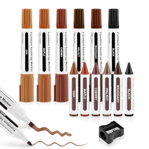 Dual Tip Furniture Markers Touch Up, Upgrade 13 Pcs Markers Furniture Repair Kit, Touch Up Paint Pen and Wood Filler Putty Stick with Sharpener Kit, for Stain Remover, Floor Scratch Repair