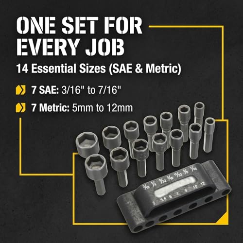 Drilax 14-Pc Nut Driver Bit Set, SAE & Metric, 1/4 in Hex, Impact Ready